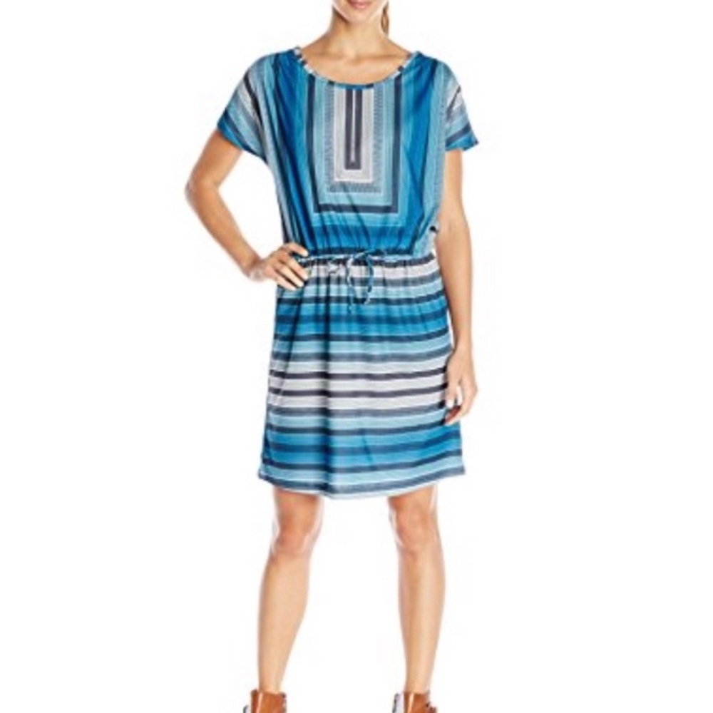 Prana Mosaic Blue and White Striped Drawstring Waist  Lindy Dress - Picture 2 of 7